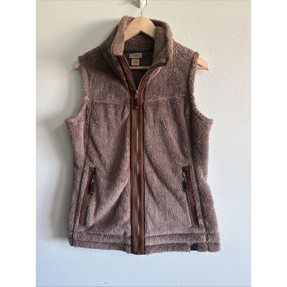 LL Bean High Pile Fleece Vest Womens Medium Brown Full Zip a Hiking Outdoors Y2K